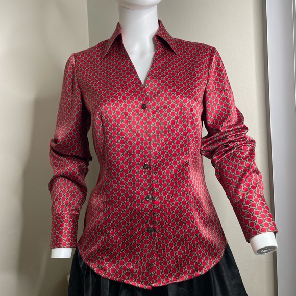 Ann Taylor Red and Black Geometric Button Down Shirt - Picture 3 of 7